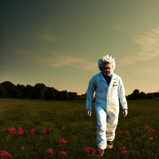 Image similar to rick sanchez in lab suit, face to camera walking in a field. france, dordogne, hills, ultra high, face to camera, detail, 8 k, sunset, flowers, trees, river, hills, octane render.