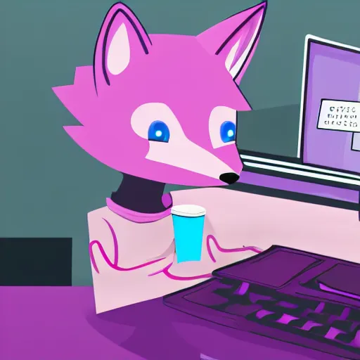 Image similar to Light pink anthropomorphic fox with purple hair typing at a computer on a desk with a coffee cup steaming next to it