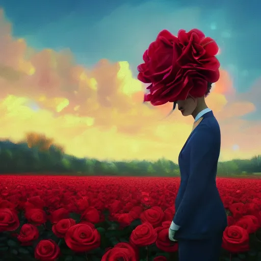 Image similar to closeup, large rose flower head, portrait, girl in a suit, surreal photography, sunrise, blue sky, dramatic light, impressionist painting, digital painting, artstation, simon stalenhag