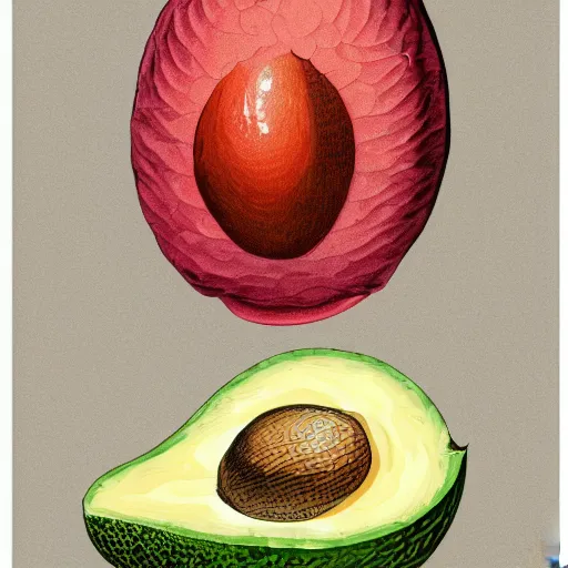 Image similar to highly detailed graphic poster depicting an avocado and a raspberry watching the world on burn with fire, done in the style of old botanical illustrations, matisse, caravaggio, basquiat, japanese art, 4 k