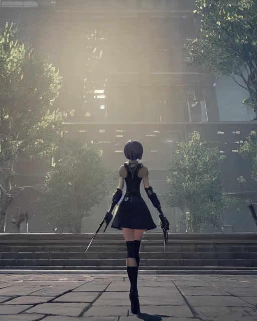 Image similar to unreal engine screenshot of 2B from Nier Automata and with slender body type and prominent ceramic hex tile armor plates wearing wearing short clothes standing in front of a large building, unreal engine, product showcase, octane render 8k