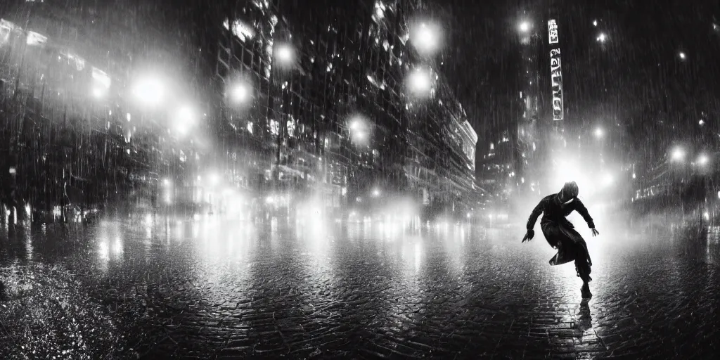 Image similar to fisheye lens slow motion with trail effect of futuristic break dancer wearing floating long dress emitting light, long exposure shot , at night in the middle of a rainy street, paddle of water, steam, fog, water splashes, rim lights, glossy reflections, water droplets on lens, octane render, dark and dramatic with lanterns, explosion in the background, detailed and soft, fisheye lens, smooth, sharp focus, illustration, art by artgerm and greg rutkowski