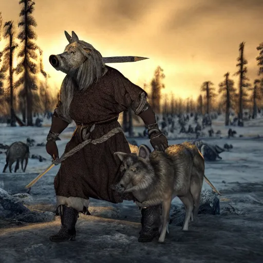 Image similar to the slaughtering of 1 0 0 0 pigs by horrible viking men dressed in wolves clothing. in wintertime. in the moonlight. hyper realistic 8 k render.