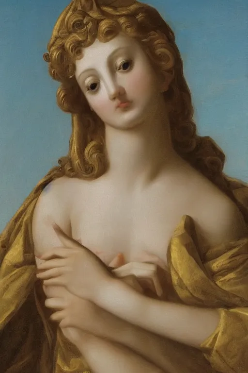 Image similar to Beautiful girl, calm face, closeup, ultra detailed, made in gold, Guido Reni style