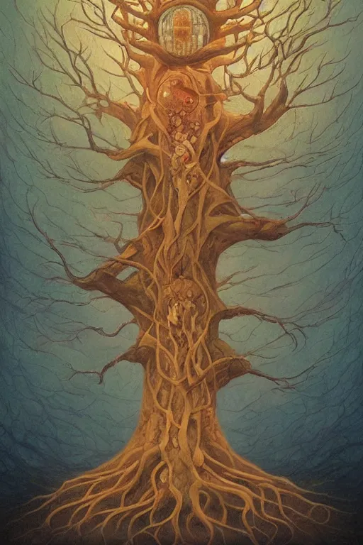 Image similar to Yggdrasil the tree of life by Shaun Tan and Hiroshi Yoshida, trending on artstation