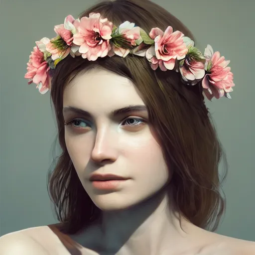 Prompt: beautiful woman wearing a flower crown, realistic, 8 k, extremely detailed, cgi, trending on artstation, hyper - realistic render, 4 k hd wallpaper, premium prints available, by greg rutkowski