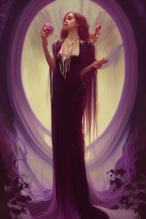 Image similar to ombre velvet gown, beautiful elegant dryad, beautiful face with soft features by leyendecker, long hair, feathers, dozens of jeweled necklaces, by greg rutkowski, brom, anato finnstark, alphonse mucha, oil painting, highly detailed, cinematic lighting, unreal,