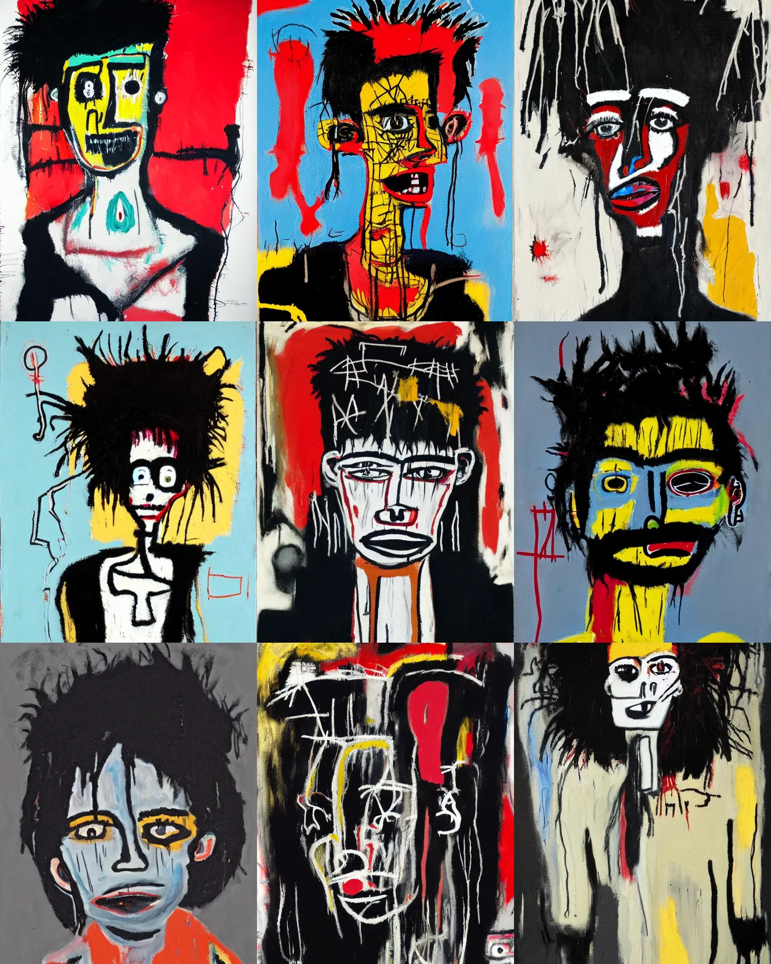 Prompt: A goth portrait painted by Jean-Michel Basquiat. Her hair is dark brown and cut into a short, messy pixie cut. She has a slightly rounded face, with a pointed chin, large entirely-black eyes, and a small nose. She is wearing a black tank top, a black leather jacket, a black knee-length skirt, a black choker, and black leather boots.
