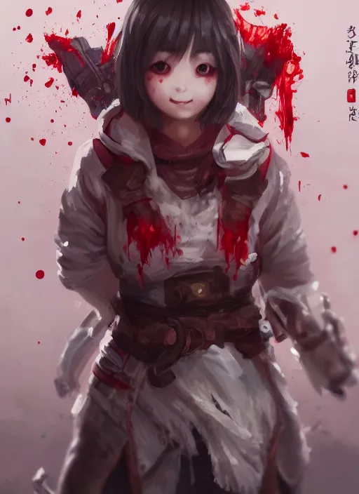 Image similar to a highly detailed illustration of short hair cute japanese girl wearing blood stained hoodie and bandages on legs, dramatic sadistic smile pose, intricate, elegant, highly detailed, centered, digital painting, artstation, concept art, smooth, sharp focus, league of legends concept art, WLOP