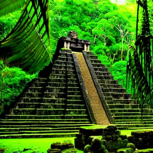 Image similar to a photo of a aztec temple in a rainforest