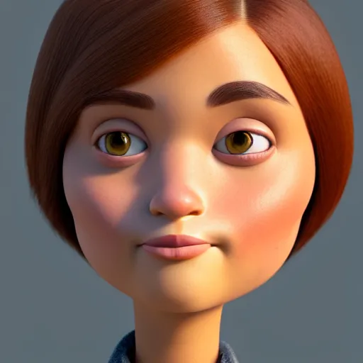 Image similar to A portrait of a round face woman, a cute 3d cgi toon woman with brown hair in a Bob, brown eyes, full face, olive skin, romanian heritage, medium shot, mid-shot, hyperdetailed, 8k, trending on artstation, as a Pixar character