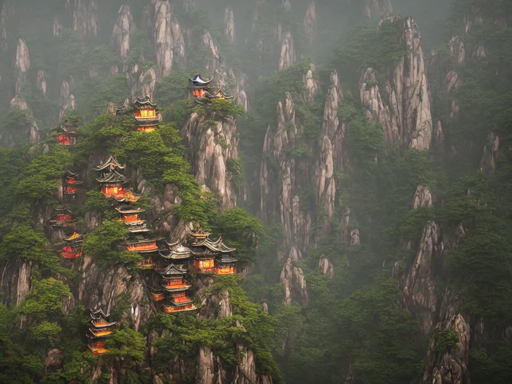Prompt: the beautiful mountainous landscape of huangshan with buddisht and taoist temples on hilltops on a rainy day by gediminas pranckevicius