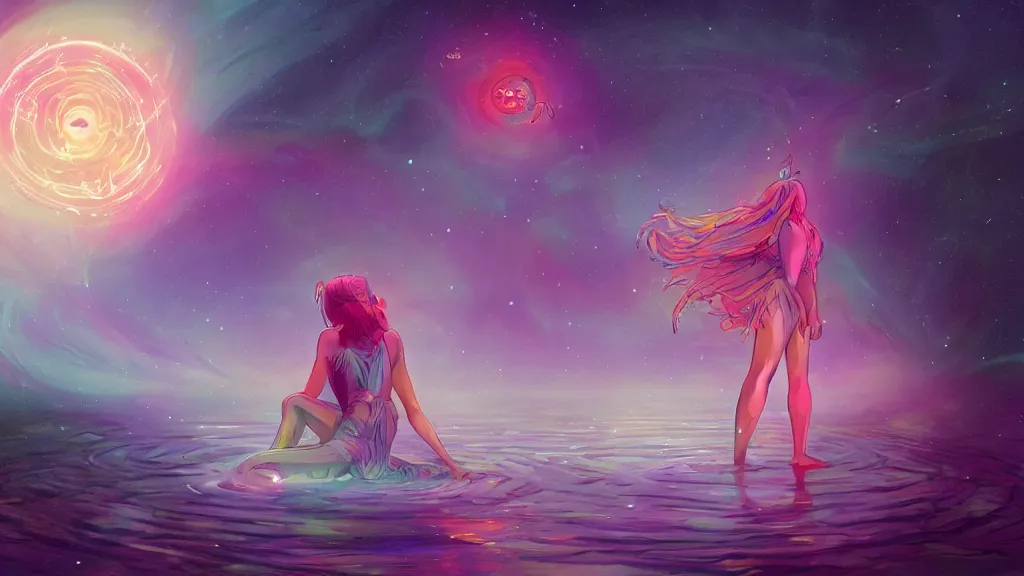 Image similar to a beautiful whimsical goddess floating above a lake basking in the moonlight, casting a spell, underneath a multi-colored binary blackhole with an accretion disc, glowing trails following her arms, acidwave, by Lois van Baarle, by Greg Rutkowski, by artgerm, by beeple, by studio ghibli, cinematic angle, volumetric lighting, 4k resolution, octane render, trending on artstation, masterpiece