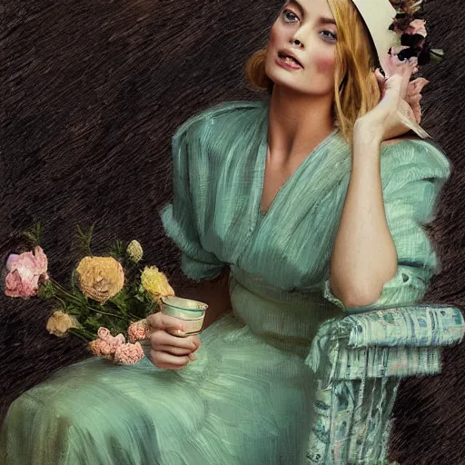 Image similar to happy very thick paint brush strokes paint texture full body fashion model margot robbie by Jeremy Lipking by Hasui Kawase by Richard Schmid (((smokey eyes makeup eye shadow fantasy, glow, shimmer as victorian woman in a long white frilly lace dress and a large white hat having tea in a sunroom filled with flowers, roses and lush fern flowers ,intricate, night, highly detailed, dramatic lighting))) , high quality