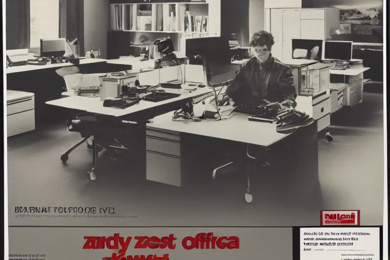 Image similar to a 1 9 8 5 electronics ad depicting an office in the style of andy zito