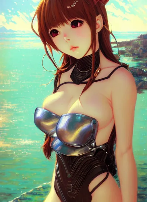 Image similar to portrait of beautiful young anime girl in bikini armor, cute-fine-face, pretty face, realistic shaded Perfect face, fine details. Anime, cyberpunk, Warhammer, highly detailed, artstation, illustration, art by Ilya Kuvshinov and Gustav Klimt