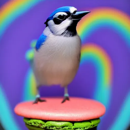 Image similar to A photograph of a (photorealistic blue jay) standing on a large basket of rainbow macarons.