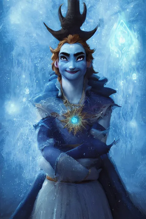 Image similar to frozen jester clown mage wizard, eyes glowing blue, heavenly stars in the background, is at dawn and bluish, fantasy, intricate, elegant, digital painting, highly detailed, artstation, sharp focus, illustration, concept art, ruan jia, steve mccurry