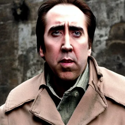 Image similar to nicholas cage starring in russian depressing arthouse movie about village.
