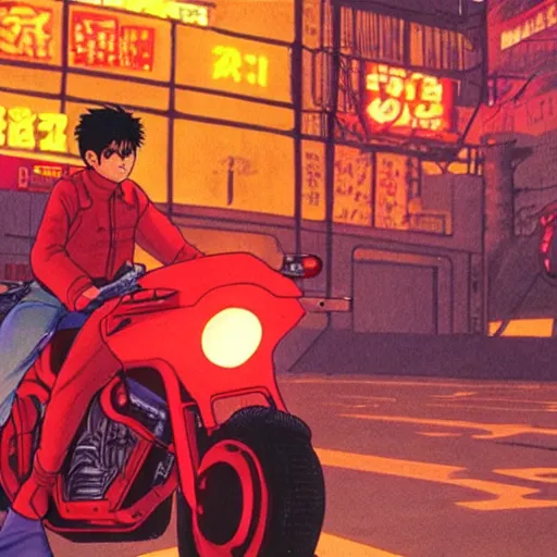 Image similar to kaneda on his motorcycle in neo tokyo looking for akira, night, neon lights, speed, art by katsuhiro otomo, ultra detailed, 8 k