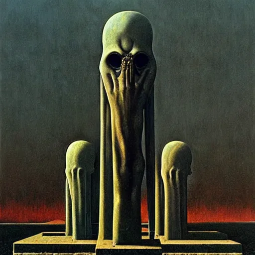 Prompt: highly detailed horror dystopian surreal painting of eerie head statues and buildings by zdzisław beksinski