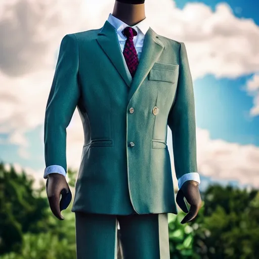 Image similar to 4 k photography, full view, bulbasaur inspired men's suit, put on a mannequin, wide shot, epic, cinematic lighting, beautiful composition, cinematic