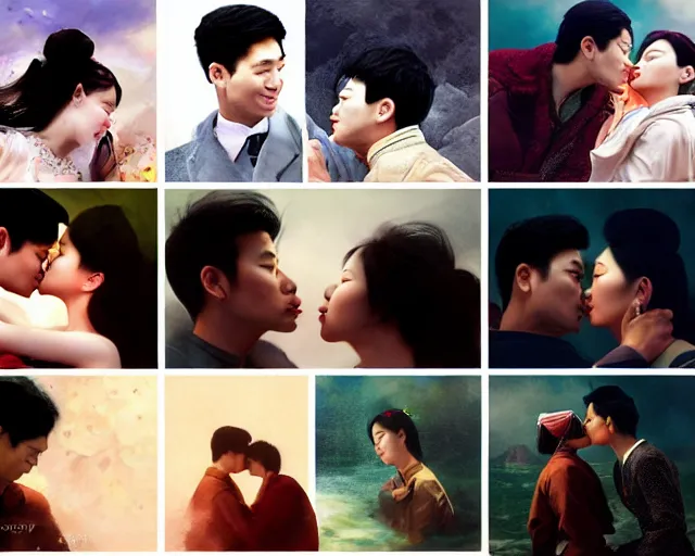 Image similar to photography of asian couples kissing each other, deep focus, d & d, presented as magazine collage style, volumetric light, colourful, sharp, detailed, digital painting by rolf armstrong, jeremy lipkin and michael garmash, rob rey and kentaro miura style