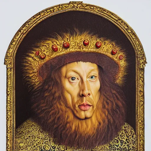 Image similar to portrait of a king with a lions head for a head, oil painting by jan van eyck, alex great, android jones, chris dyer, and aaron brooks, northern renaissance art, oil on canvas, wet - on - wet technique, realistic, expressive emotions, intricate textures, illusionistic detail