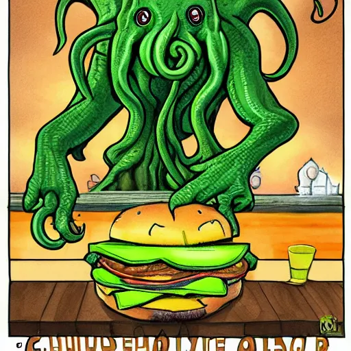 Prompt: Cthulhu eating a cheeseburger, photo realistic, award-winning, highly-detailed, epic, cinematic, dramatic