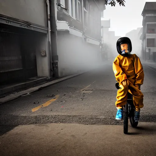 Image similar to a photo of a boy wearing a hazmat suit, riding a bike, side-view, smoke in the background, filthy streets, broken cars. Vines growing. Jpeg artifacts. Full-color photo. Color color color color color. Award-winning photo. Samyang/Rokinon Xeen 50mm T1.5