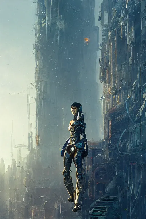 Image similar to a portrait of a small cyborg standing in the foreground of a mechanical city by Greg Rutkowski, Sung Choi, Mitchell Mohrhauser, Maciej Kuciara, Johnson Ting, Maxim Verehin, Peter Konig, final fantasy , mythical, 8k photorealistic, cinematic lighting, HD, high details, atmospheric,