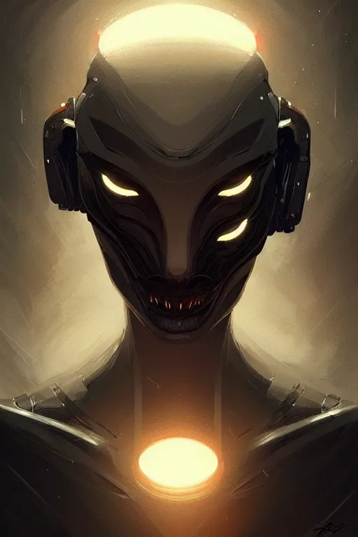 Image similar to professional concept art portrait of a predatory robotic species in a dark room by artgerm and greg rutkowski. an intricate, elegant, highly detailed digital painting, concept art, smooth, sharp focus, illustration, in the style of cam sykes.