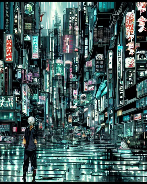 Image similar to manga illustration of poor cyberpunk city, rainy weather, highly detailed,