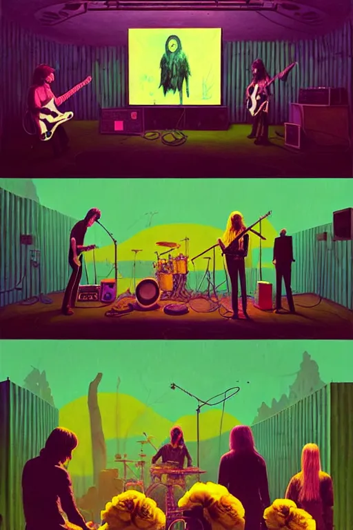 Image similar to the velvet underground and nico playing live on stage at a night club, beautiful stage decoration with flowers in the background, painting by simon stalenhag and wes anderson, very detailed and colorful and toned down and ornamental and moody and cool and relaxed and high on drugs, trending on artstation, behance contest winner