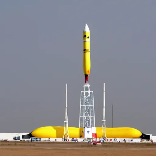 Prompt: a banana rocket on launch pad at jiuquan satellite launch center ( jslc )