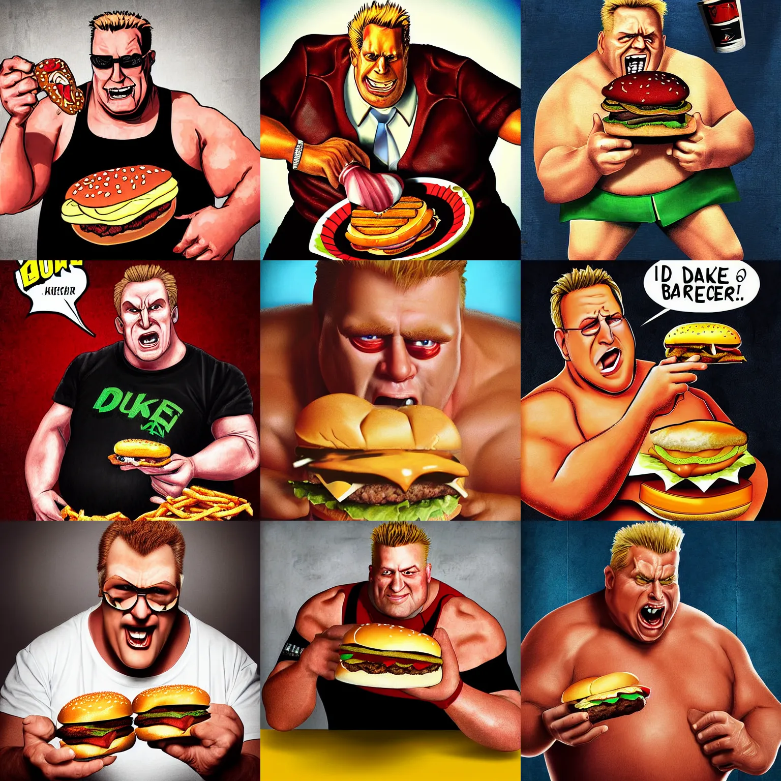 Prompt: portrait photograph, duke nukem as a fat slob eating burgers