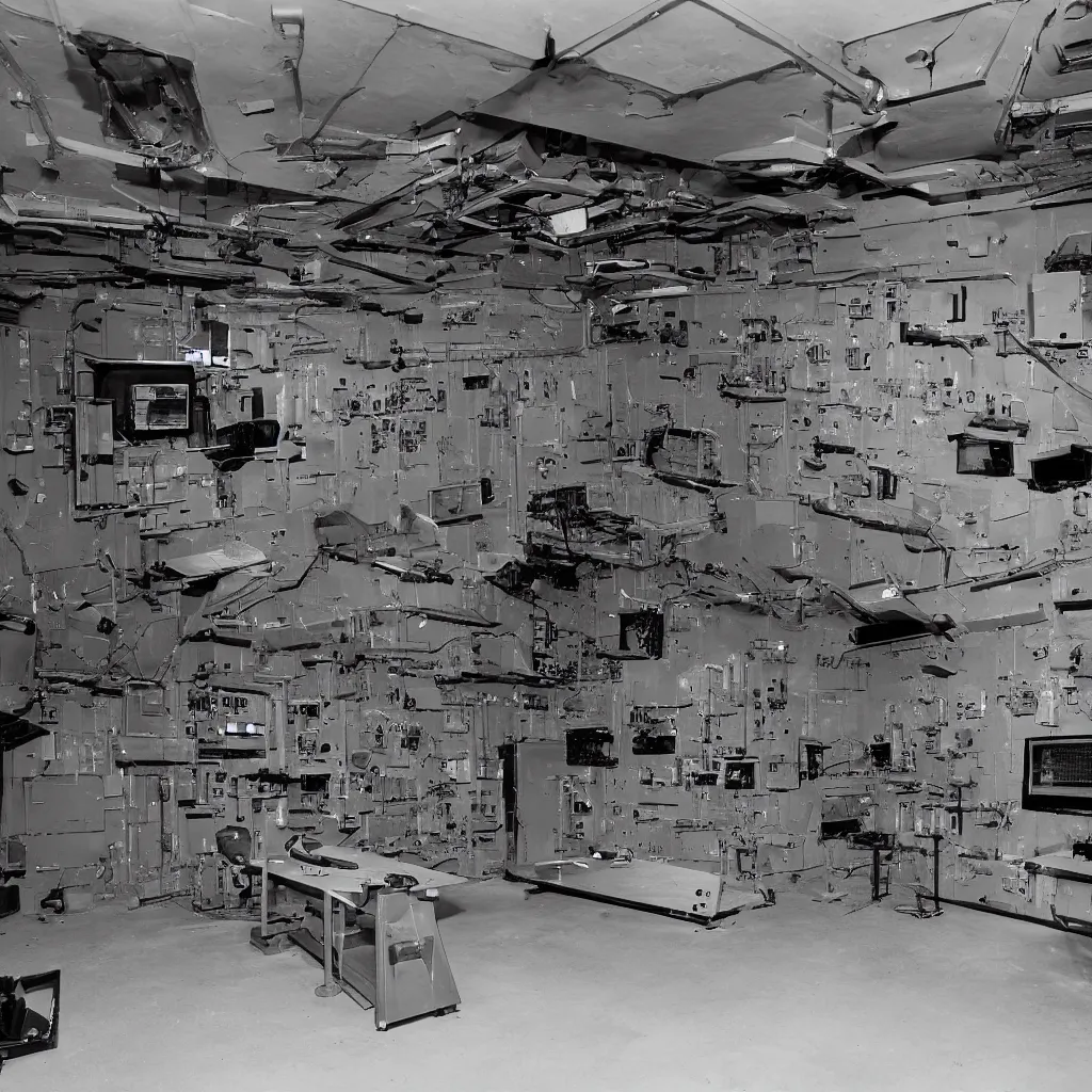 Image similar to top secret room made from steel and concrete full of electrical cold war era missile control equipment and displays, very sharp edges, militaristic, tidy surfaces, cathode ray tube display surveillance camera image, 1 9 6 0's