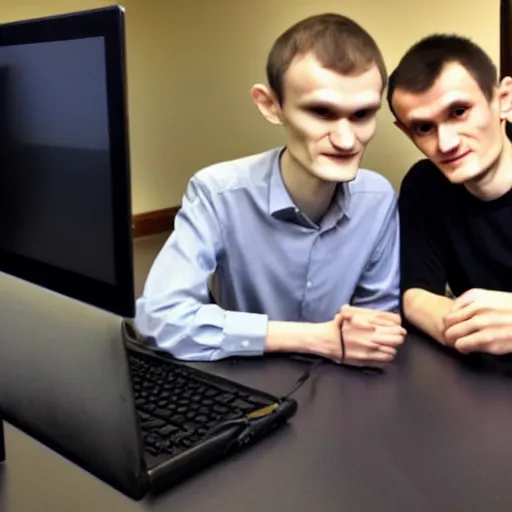 Image similar to picture of vitalik buterin and satoshi nakamoto in front of a computer