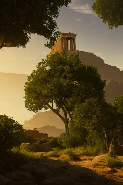 Prompt: an endless desert landscape with lush vegetation in the style of thomas cole with a single parthenon placed in the middle of the foreground, raytracing, 8 k, octane render, volumetric, vivid, beautiful, hyperrealism