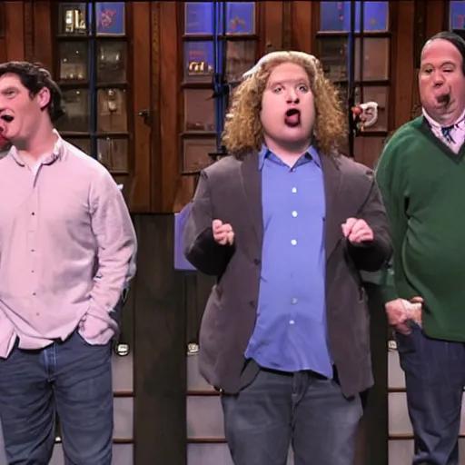 Image similar to a Saturday Night Live sketch starring Fred, Greg, Bob, and Sarah