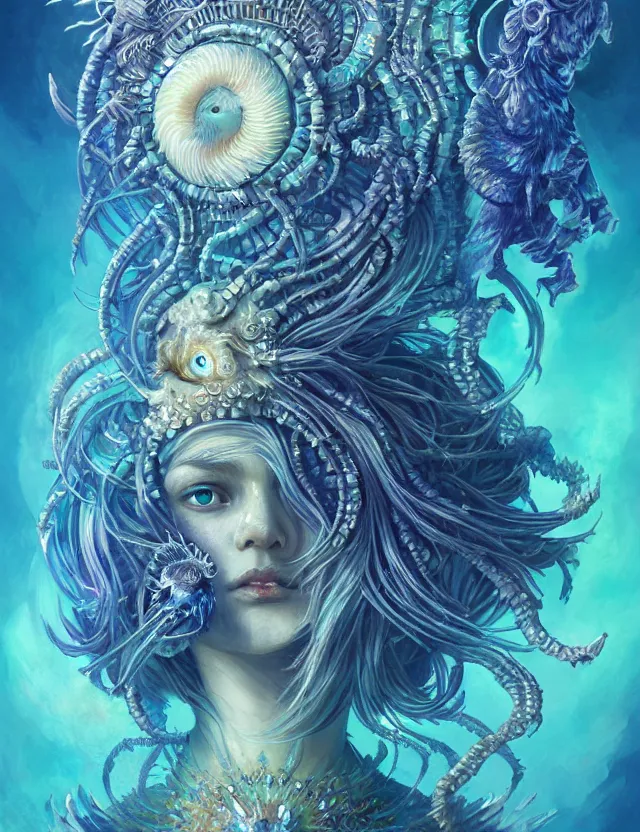 Prompt: goddess macro shouler portrait from bottom to top in crown made of ram skull. betta fish, jellyfish phoenix, bioluminiscent, plasma, ice, water, wind, creature, super intricate ornaments artwork by tooth wu and wlop and anato finnstark and greg rutkowski