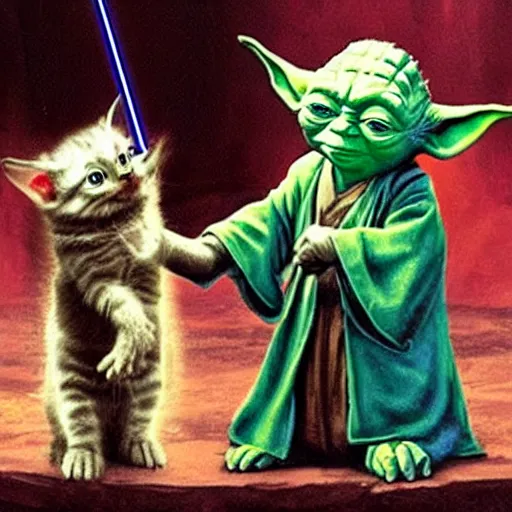 Image similar to Jedi master yoda teaching a kitten how to use a lightsaber