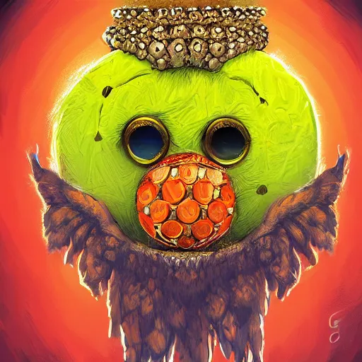 Prompt: a tennis ball monster , orange balaclava, cherub, wings, multiple gold chain necklace, digital art, fantasy, magic, trending on artstation, ultra detailed, professional illustration by Basil Gogos