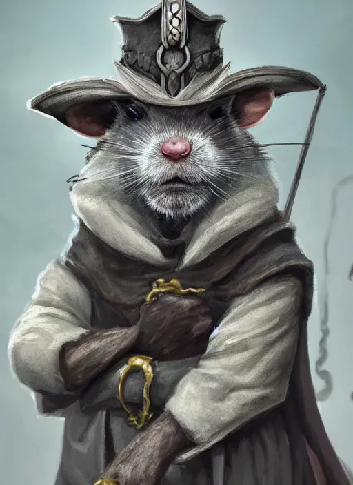 Image similar to gray rat standing on two legs, gray beard, serious, mean eyes, wearing jewelry, tricorne hat, green robe, D&D, digital art, realistic, trending on artstation, 4k, sea in the background