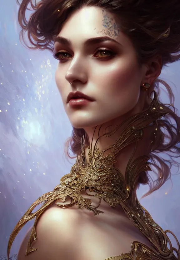 Image similar to close up of a beautiful woman on wearing concept fashion, fantasy, intricate, elegant, highly detailed, digital painting, artstation, concept art, smooth, 8 k, sharp focus, illustration, art by artgerm and greg rutkowski and alphonse mucha