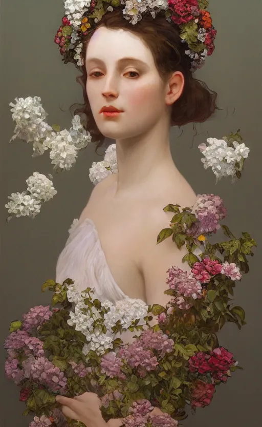 Prompt: a oil painting of a beautiful woman on a white background, flowers, painted by mucha, floral headdress, 8 k resolution, octane render, trending on artstation, volumetric light