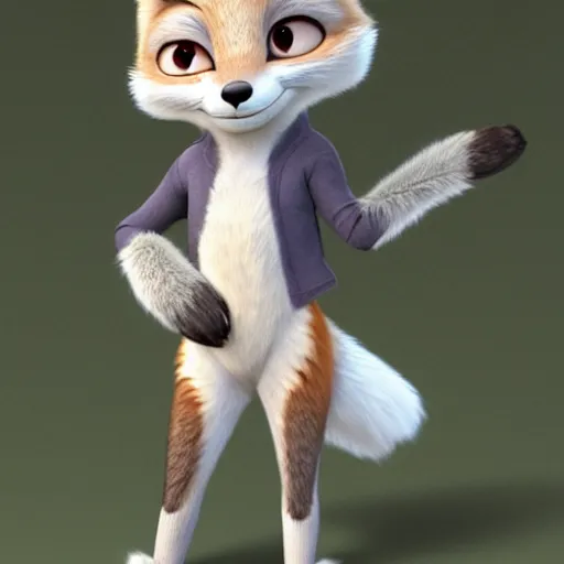 Image similar to anthropomorphic female fox with short white fur covering her body in the style of zootopia