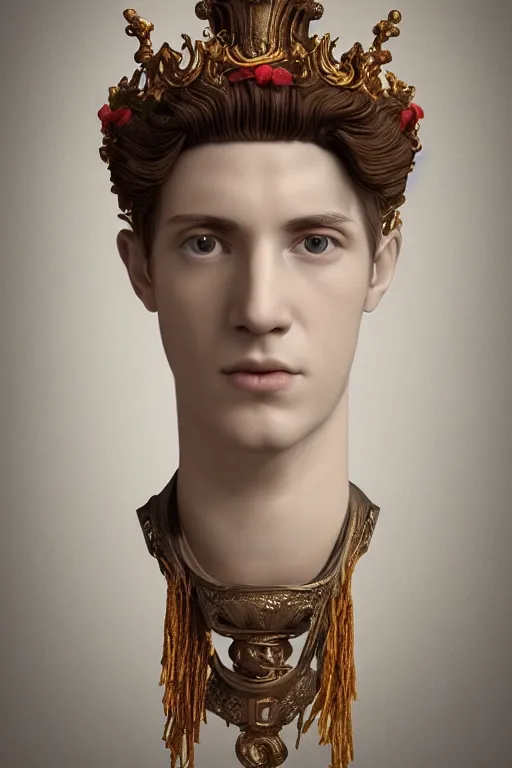 Image similar to a realistic porcelain full-head rococo style bust of handsome young Spanish prince a faded style haircut and a crown made of colored pipecleaners, suspended in outer space, photorealism, octane render, depth of field, 8k, 35mm, artgem, Trending on artstation