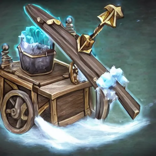 Image similar to a ice catapult machine, cart wheels, fantasy rpg, league of legends style