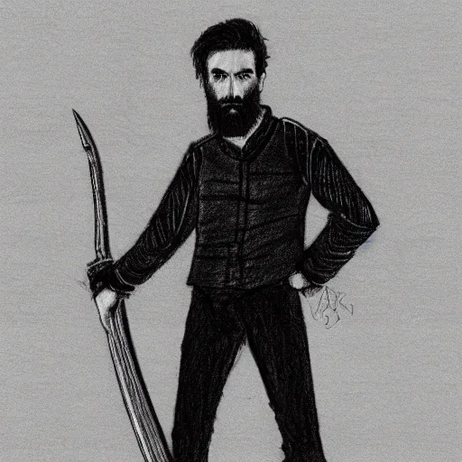 Image similar to a drawing of a man with black hair and beard wearing a black jacket, white shirt and jeans, holding a sword, cinematic